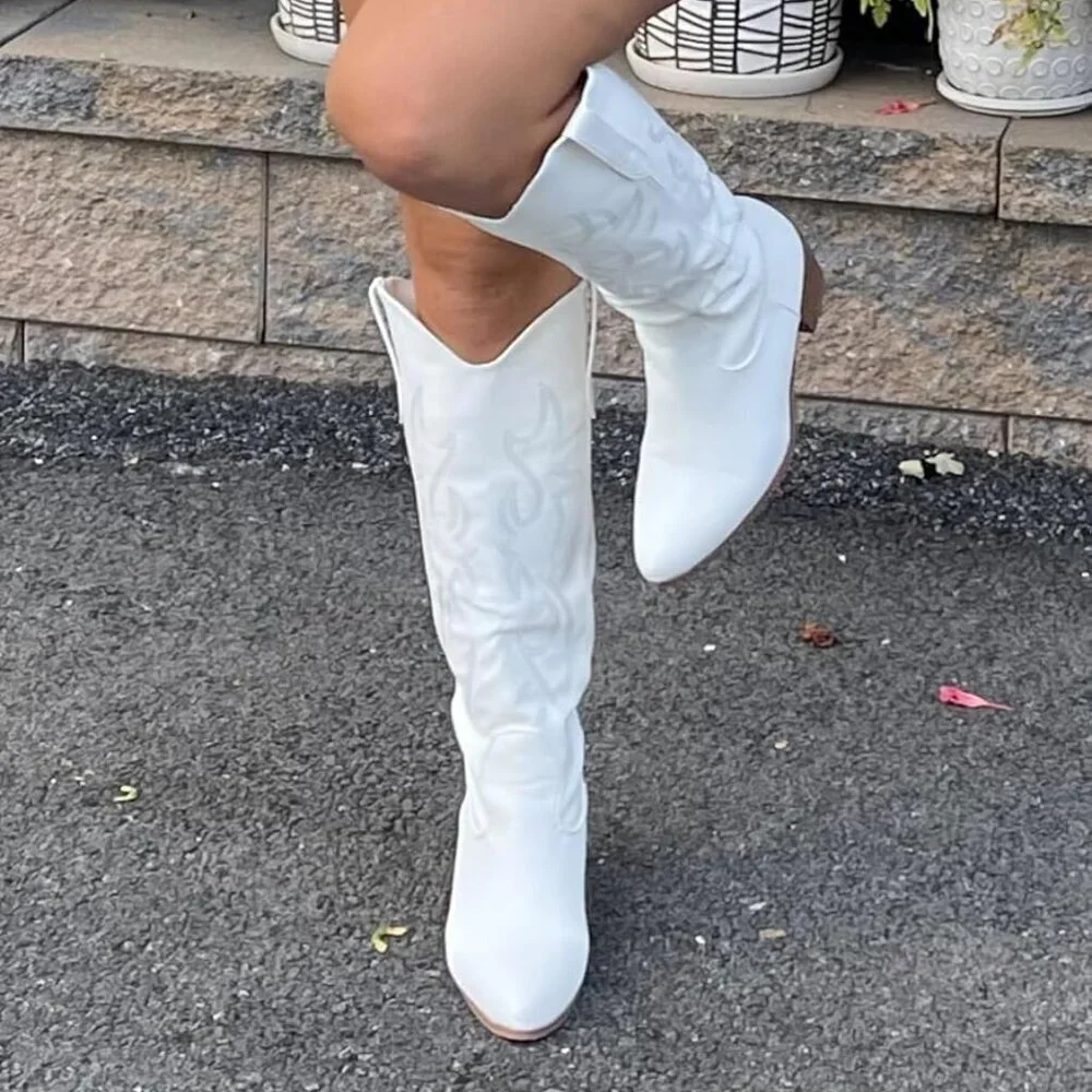 Women White Polyurethane Embroidered Pull-On Chunky Heel Knee High Western Boots